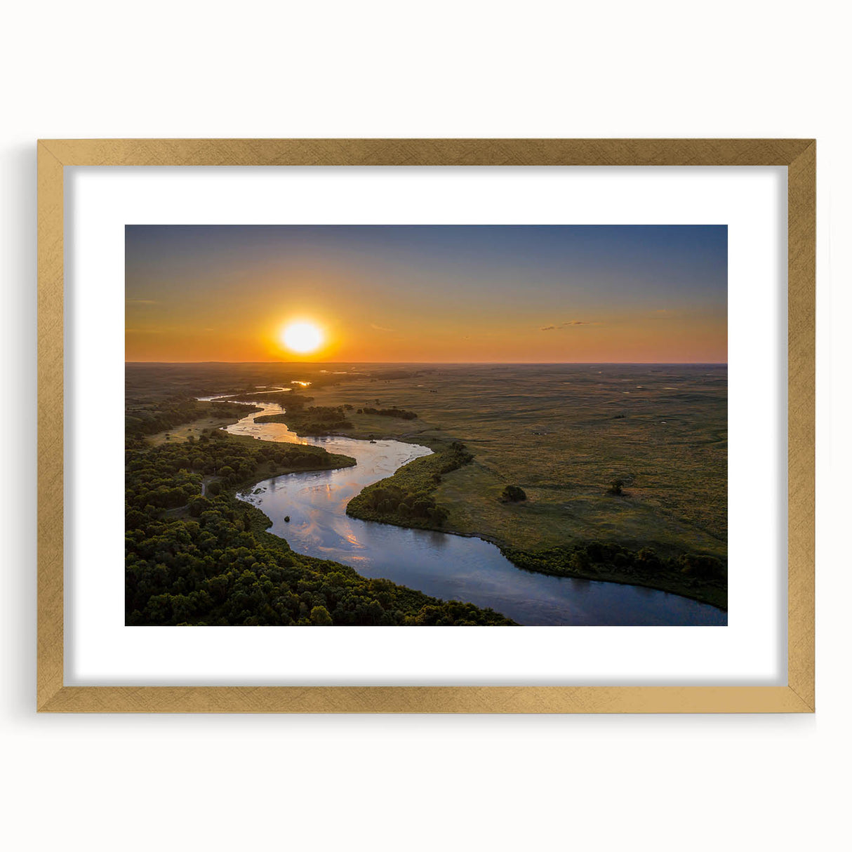 Extra large abstract art print of Nebraska scenery in gold frame, ideal for living room decor.