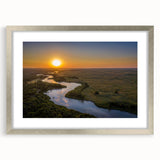 Textured art print of an abstract Nebraska landscape in muted earth tones on a silver-framed mat, ideal for bedroom art.