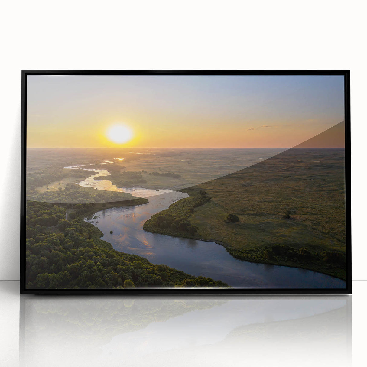 Large abstract wall art depicting Nebraska scenery in muted earth tones on a framed acrylic.