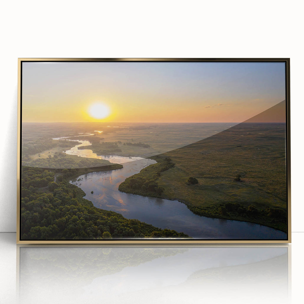 Acrylic print of Nebraska scenery in gold frame, featuring mid-century modernist style, suitable for nursery wall decor.