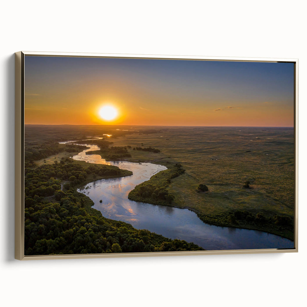 Framed canvas depicting a vintage Nebraska landscape in muted gold and black tones, ideal for bedroom wall decor.