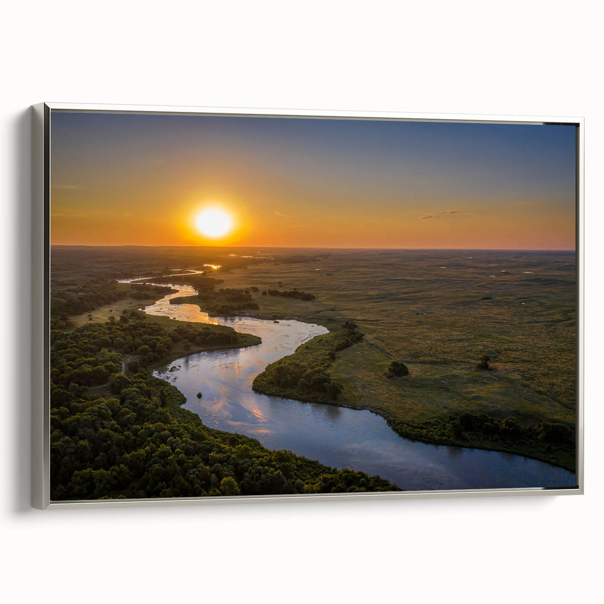 Landscape art painting of Nebraska scenery on framed canvas with vintage poster style in black and colorful art palette.