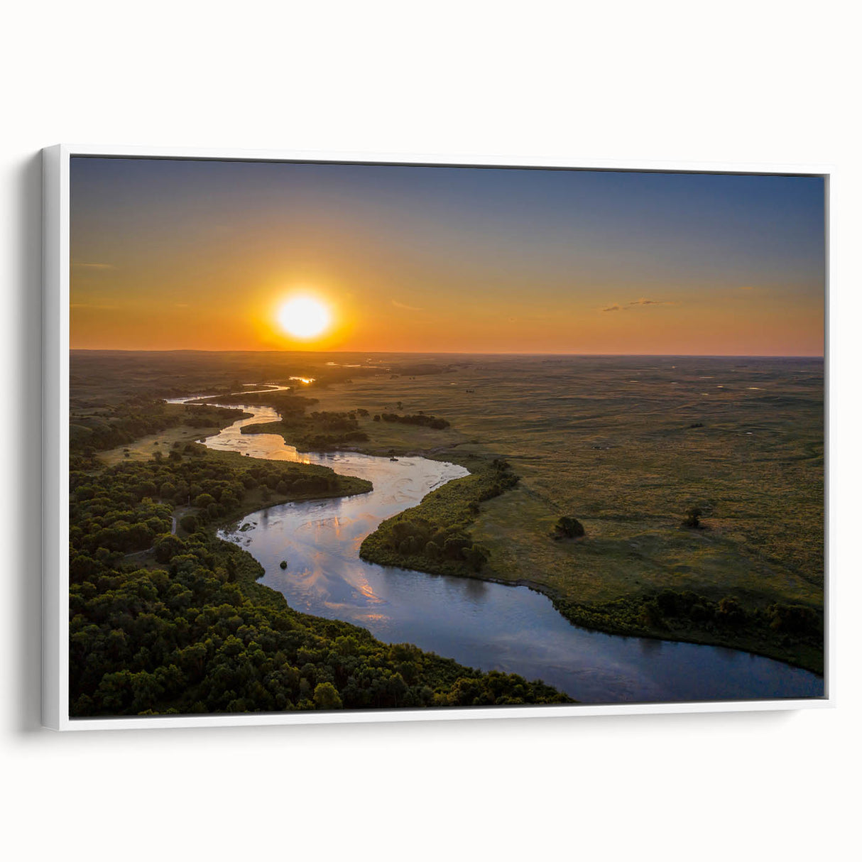 Vintage poster art of Nebraska scenery on a framed canvas, featuring vibrant colorful art and a white border.