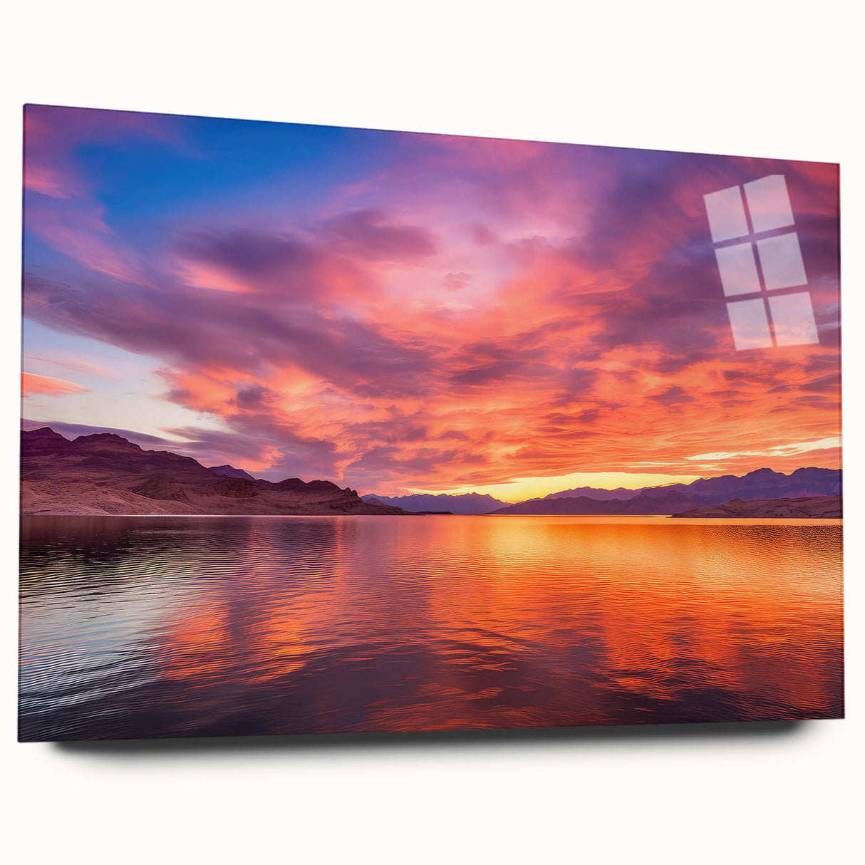 Large abstract wall art of Lake Mead in muted blue and green tones on acrylic glass.