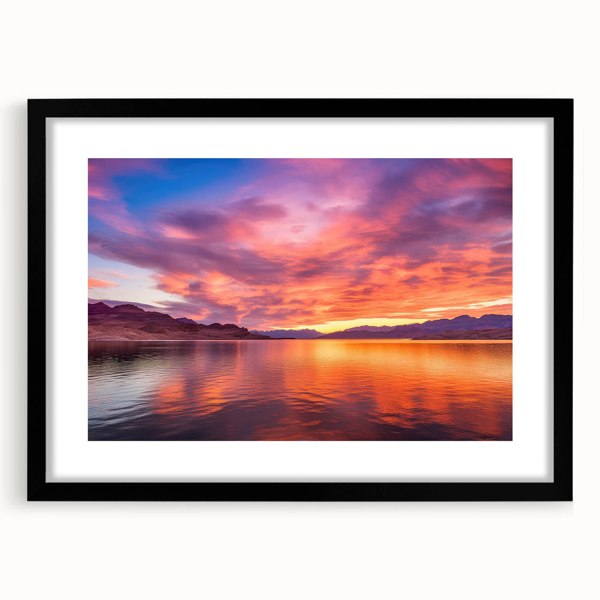 Colorful abstract art print of Lake Mead with textured strokes in vibrant hues on a large framed canvas.