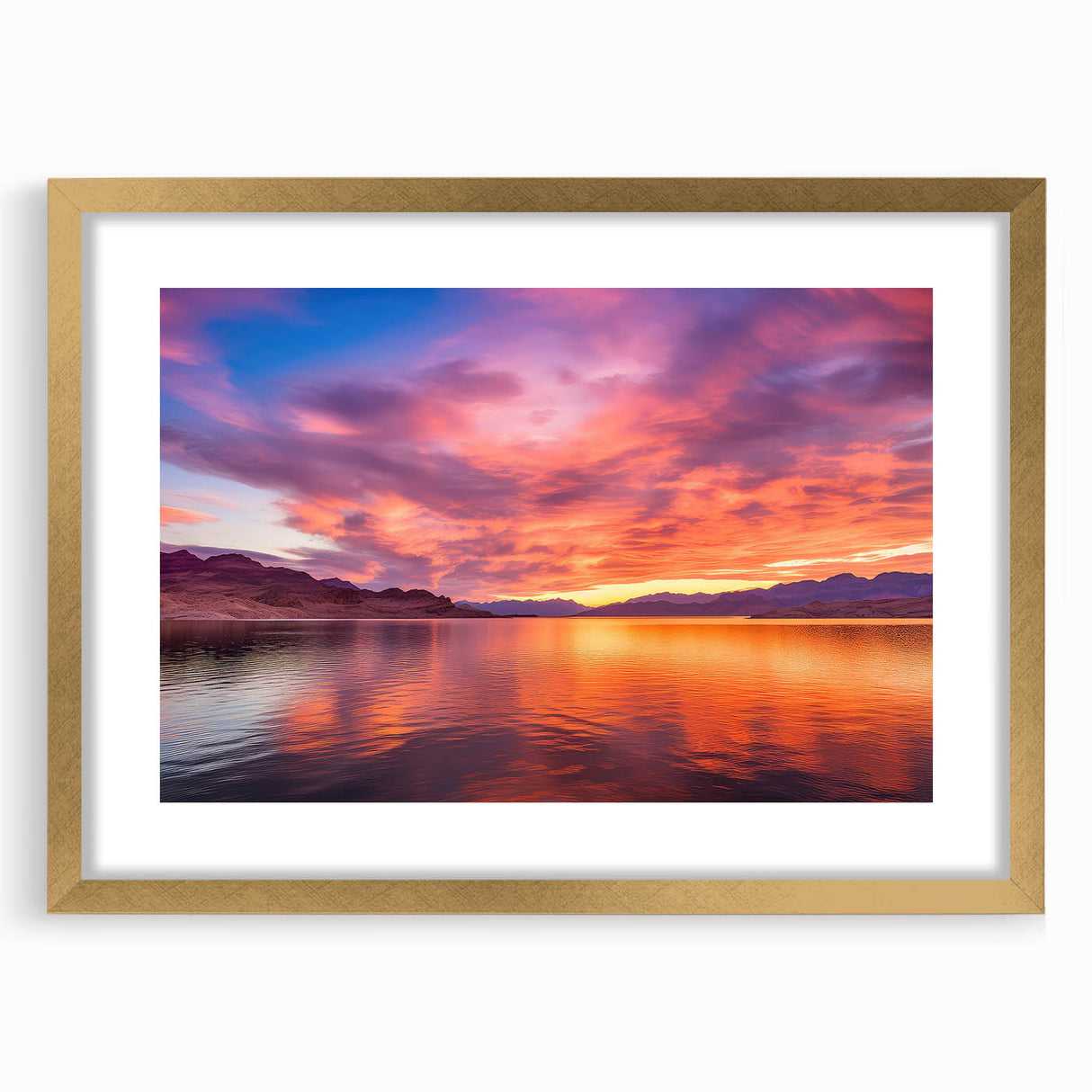 Extra large abstract art print of Lake Mead in muted blue and gray, framed in gold, ideal for living room decor.