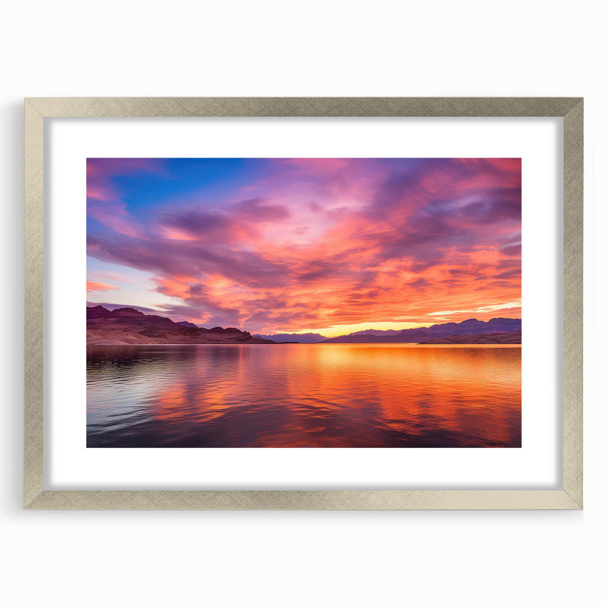 Textured art print of Lake Mead with abstract design in muted blues and greys, framed in silver, ideal for bedroom art.