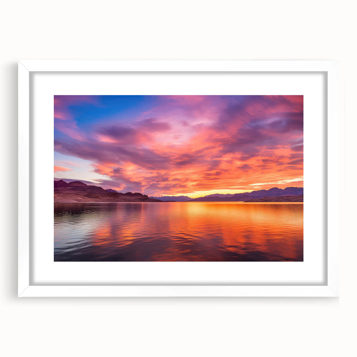 Abstract art print of Lake Mead with vibrant blue and teal tones on a white framed mat.