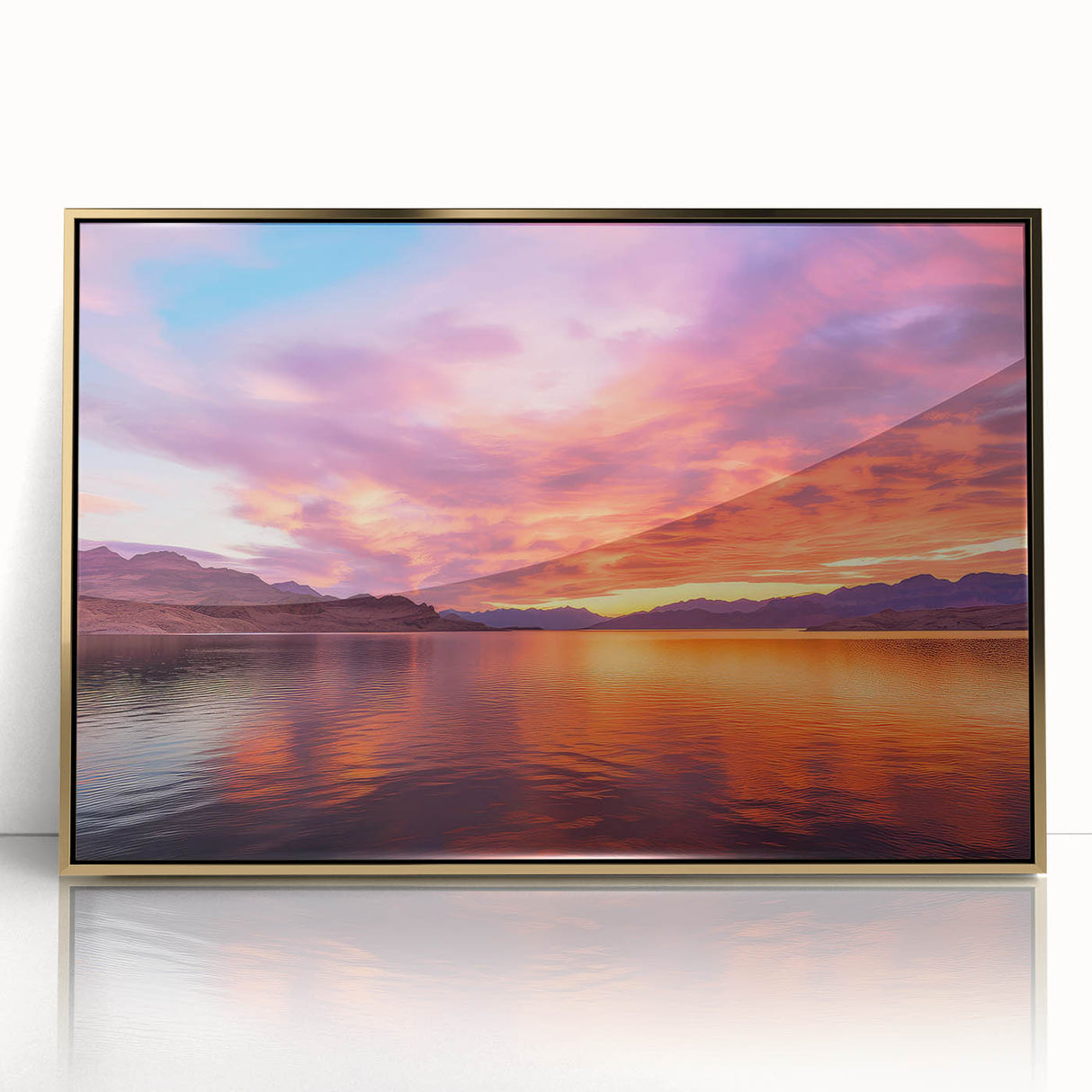 Framed acrylic print depicting Lake Mead, Nevada, in mid-century modernist style with gold accents.