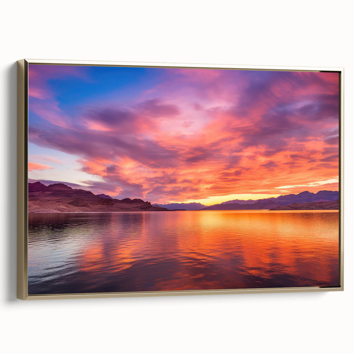 Framed canvas featuring a vintage-style landscape of Lake Mead in muted gold and black tones, ideal for bedroom wall art.