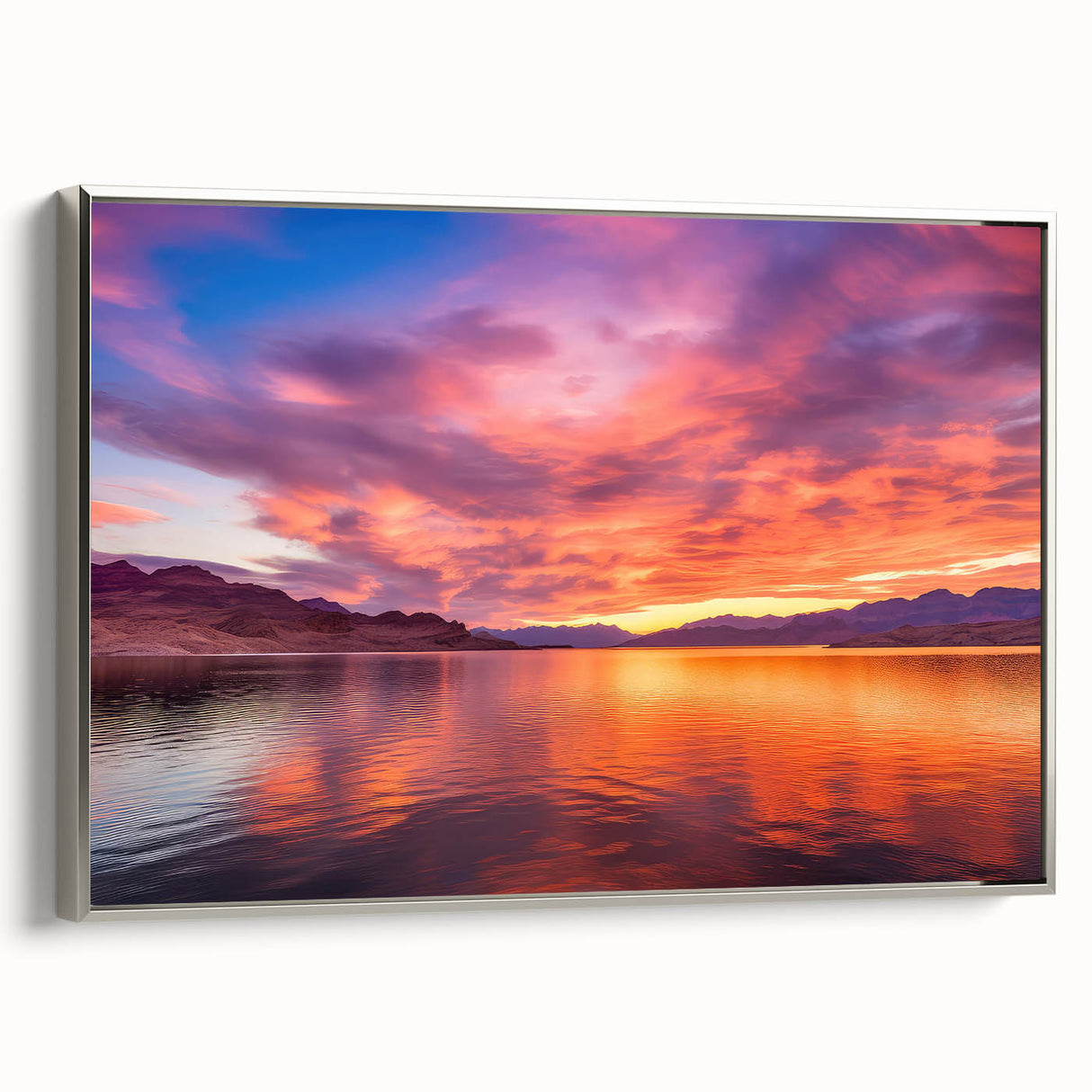 Framed canvas depicting a vintage-style landscape of Lake Mead in Nevada, featuring muted earth tones.