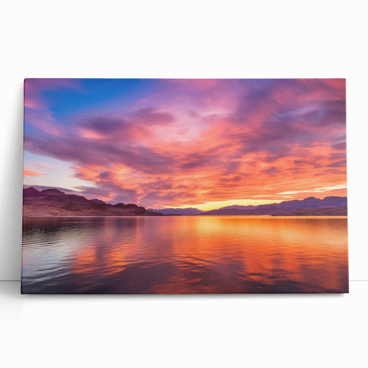 Black and white photograph of Lake Mead on stretched canvas, ideal for kitchen wall art or bedroom ambiance.
