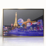 Mid-century modernist Las Vegas skyline in gold and black tones on framed acrylic, ideal for modern art wall decor.