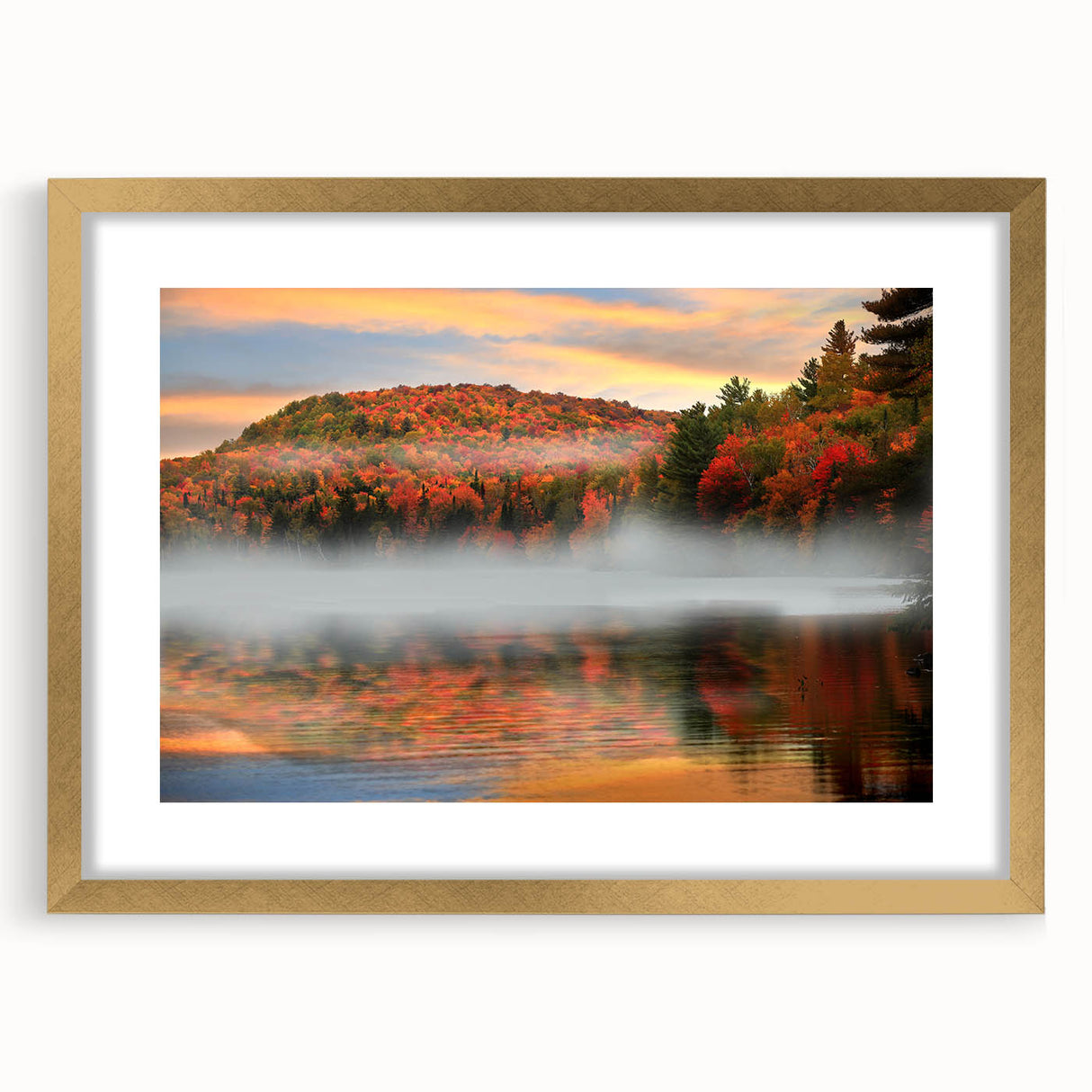 Extra large abstract art print of a textured New Hampshire scenery in a gold frame, ideal for living room decor.