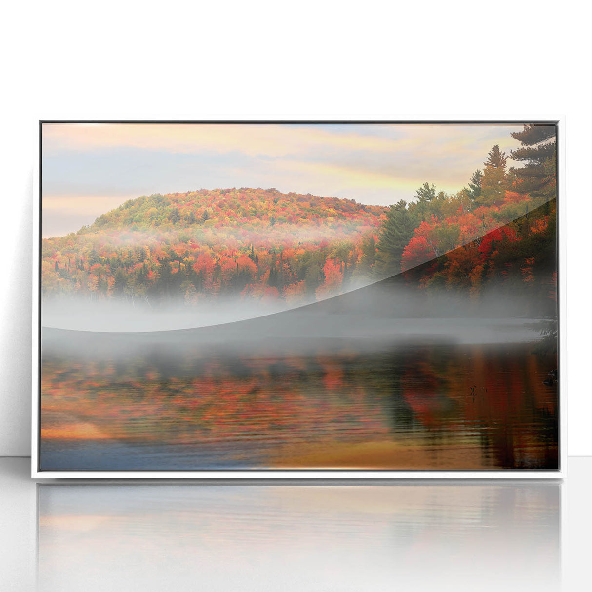 Framed acrylic print of a serene New Hampshire landscape in muted earth tones, ideal for modern art wall decor or nursery.