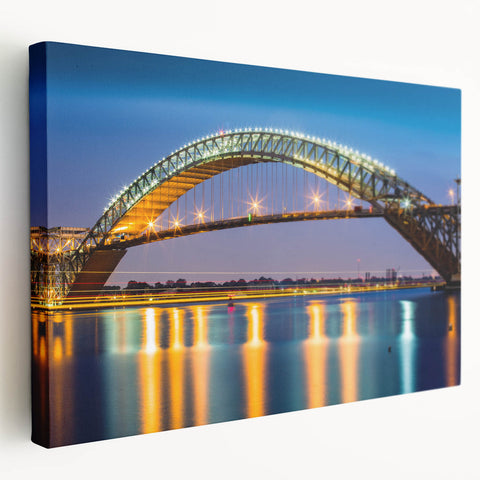 Large art depicting the New Jersey scenery in muted green and blue tones on stretched canvas, ideal for kitchen wall art.