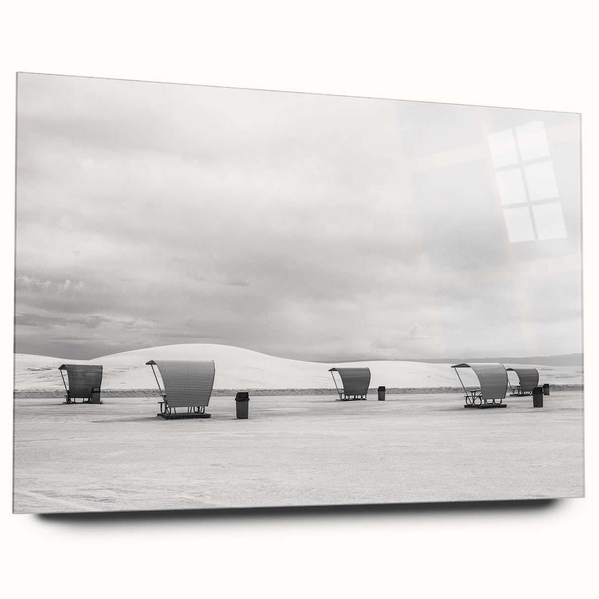 Large abstract depiction of White Sands in New Mexico with muted beige tones on acrylic glass.
