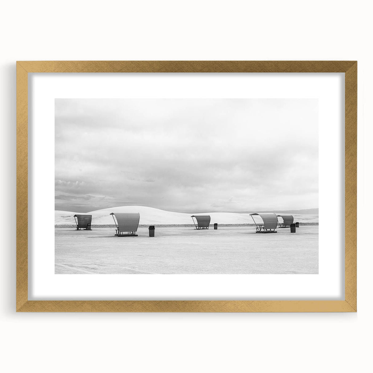 Abstract art print of White Sands, New Mexico, in muted cream tones on a textured canvas, framed in gold.