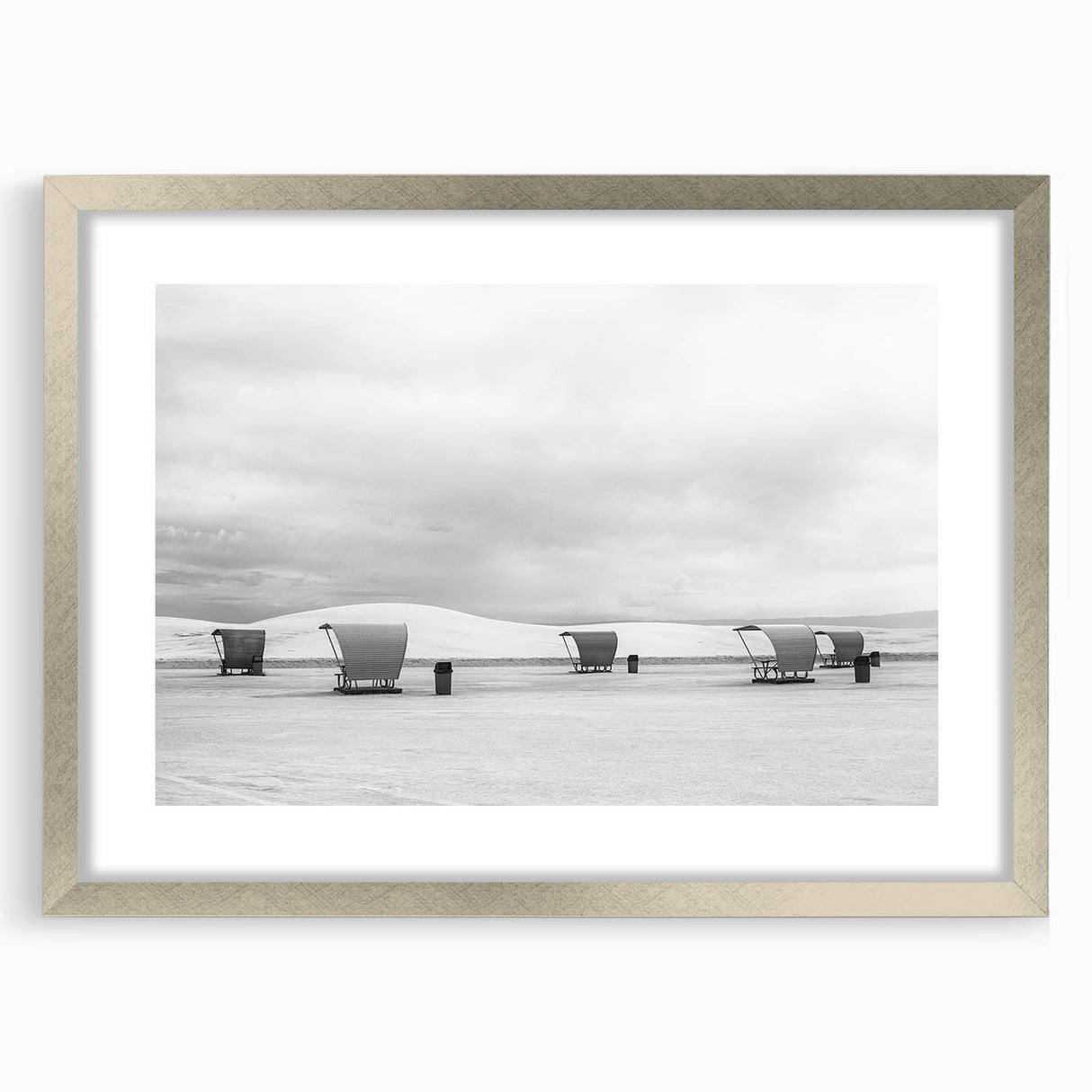 Textured art depicting abstract white sands landscape in New Mexico, in silver frame, suitable for bedroom decor.