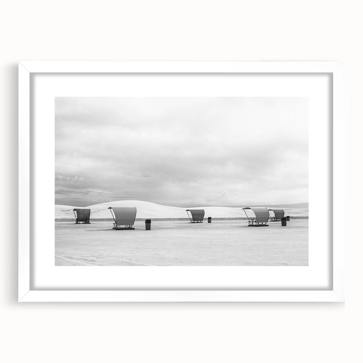 Abstract art print of White Sands in New Mexico, featuring soft blue and white tones on a framed canvas.