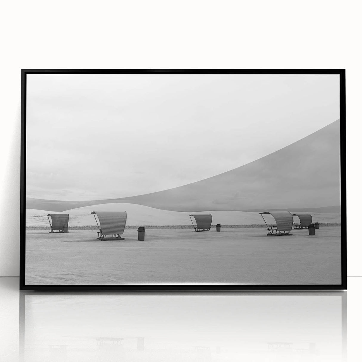 Large abstract wall art depicting the White Sands in New Mexico with a mid-century modernist style, framed in black acrylic.