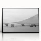 Large abstract wall art depicting the White Sands in New Mexico with a mid-century modernist style, framed in black acrylic.