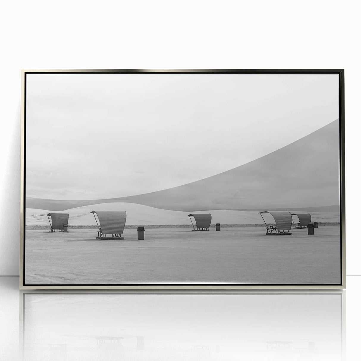 Mid-century modernist art depicting White Sands, New Mexico in muted beige and white tones on a framed acrylic print.
