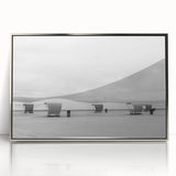 Mid-century modernist art depicting White Sands, New Mexico in muted beige and white tones on a framed acrylic print.