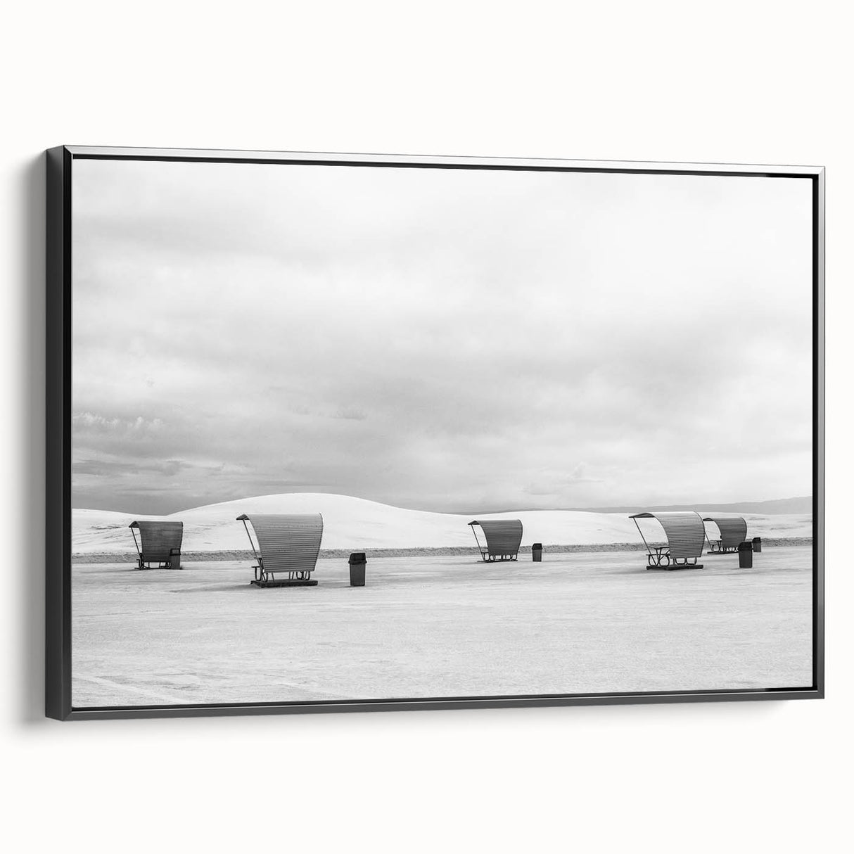 Black and white wall art featuring a vintage poster style landscape of White Sands, New Mexico on framed canvas.