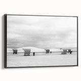 Black and white wall art featuring a vintage poster style landscape of White Sands, New Mexico on framed canvas.