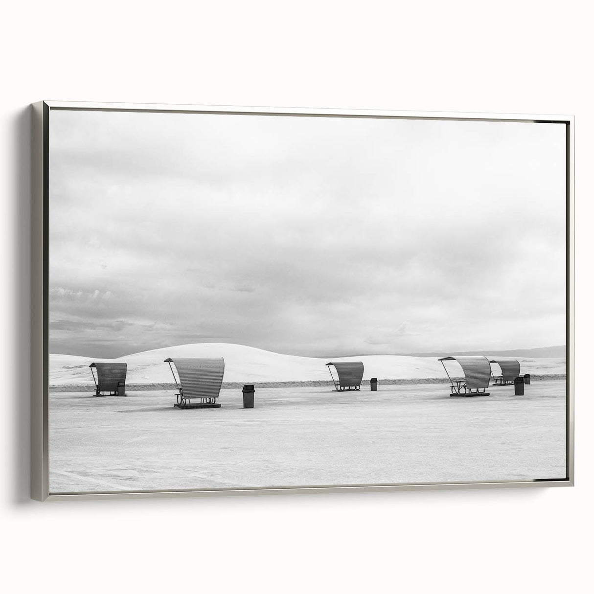 Framed canvas featuring a landscape art painting of White Sands, New Mexico, with muted silver and black tones.