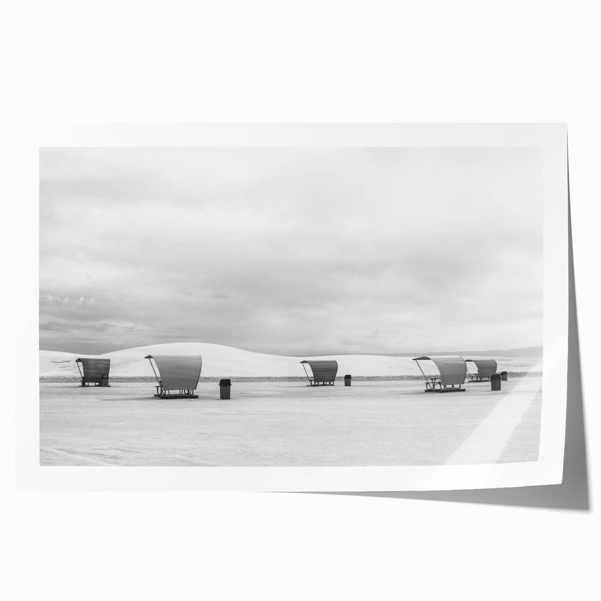 White Sands, New Mexico landscape on rolled print, featuring soft blue and beige tones.
