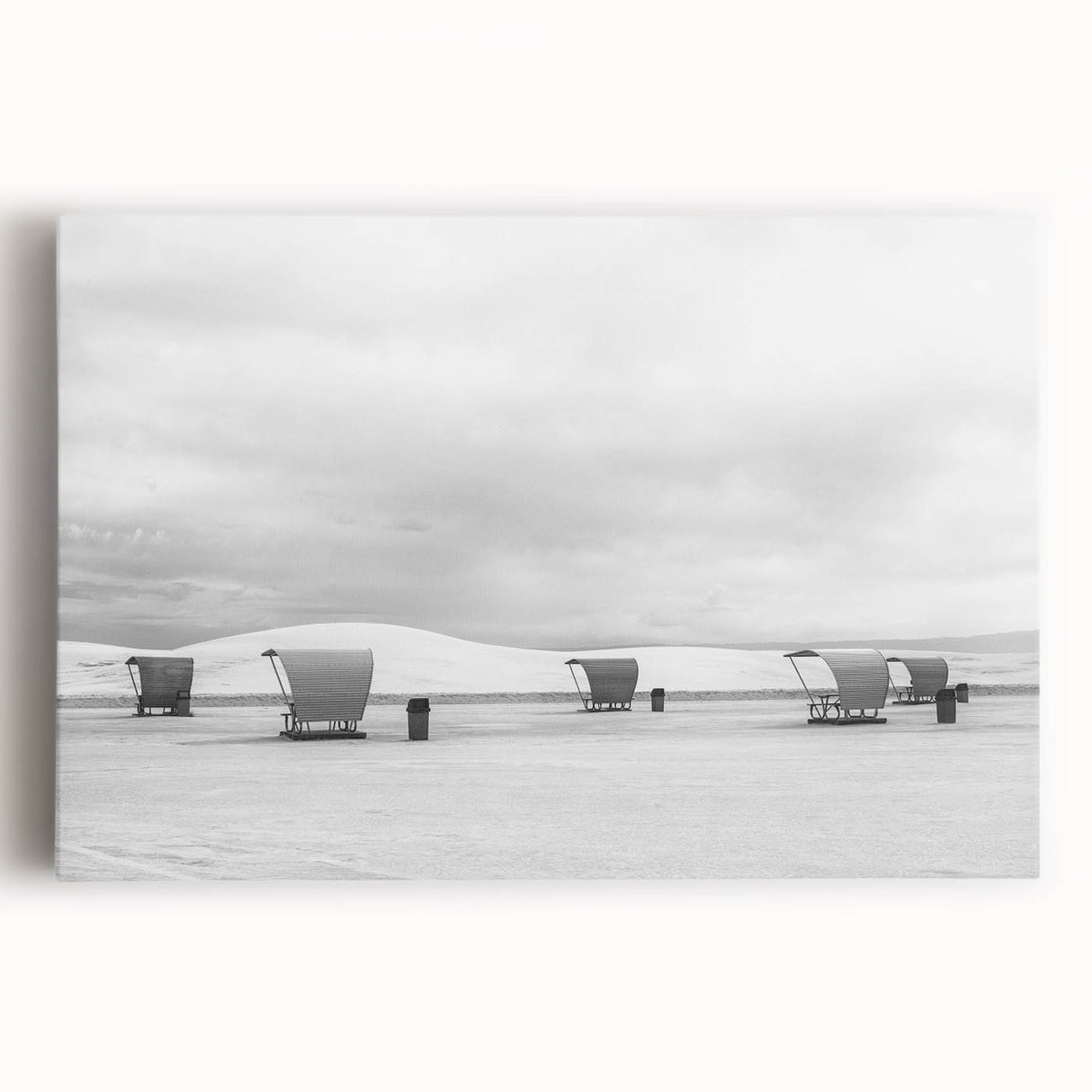 Black and white photograph of White Sands, New Mexico on stretched canvas, suitable as large kitchen wall art.