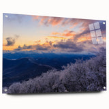 Acrylic print of the Blue Ridge Mountains in muted blue and green tones, suitable for bedroom or dining room decor.