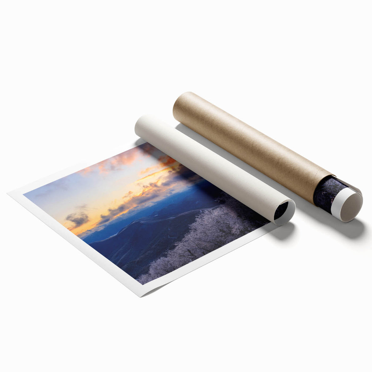 Blue Ridge mountain range in soft blue and green tones on a large rolled canvas.