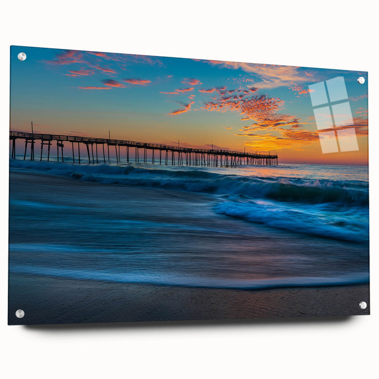 Acrylic print of Cape Hatteras with soft blue and beige tones, suitable for bedroom or dining room decor.