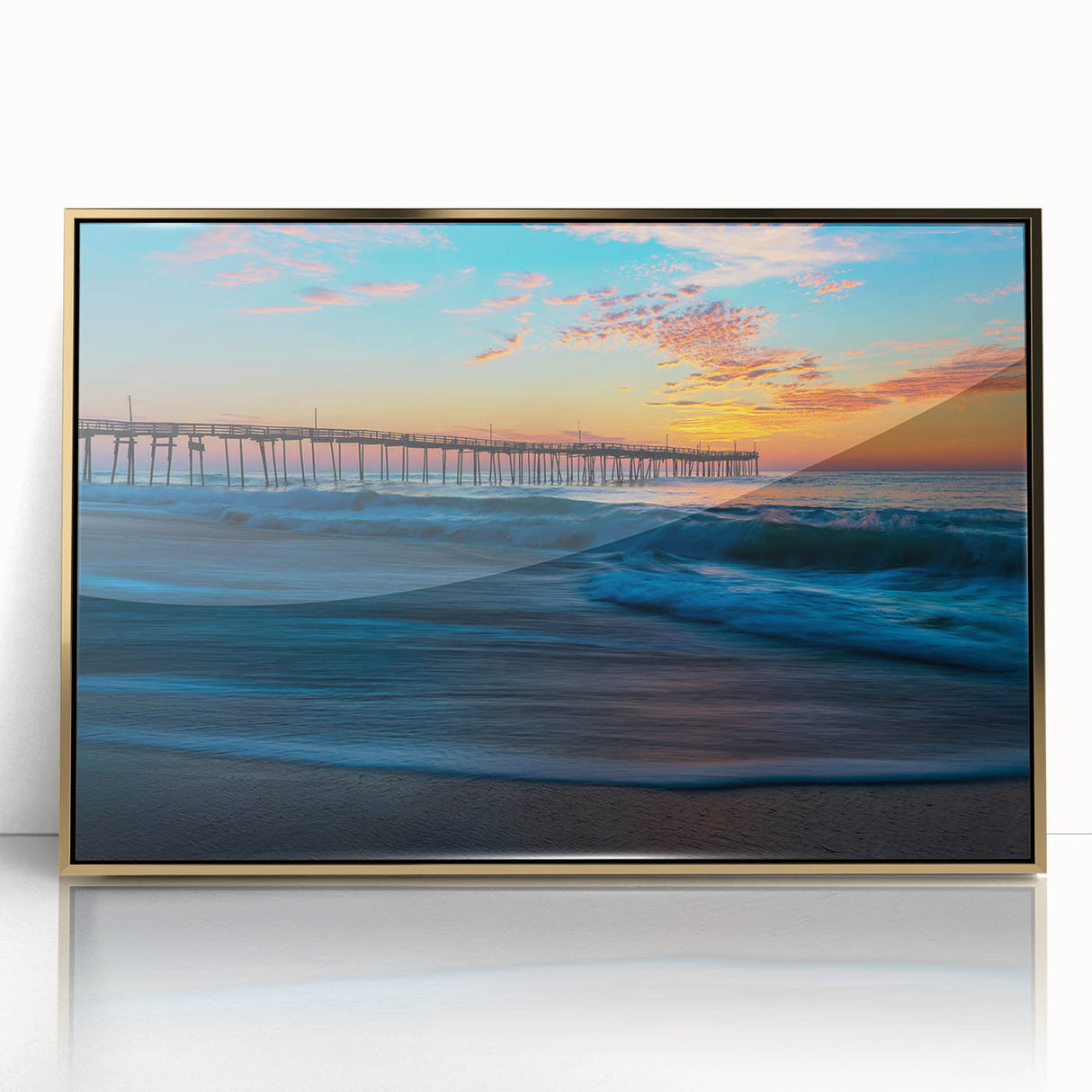 Framed acrylic print of Cape Hatteras with mid-century modernist style in muted gold and blue tones.