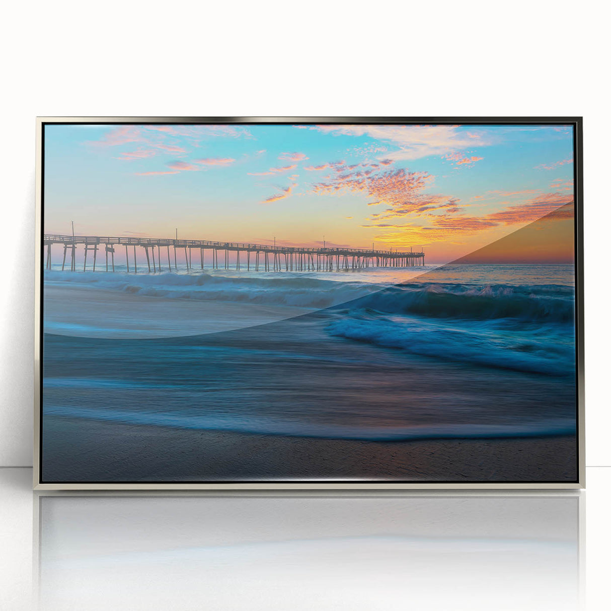 Mid-century modernist art depicting Cape Hatteras with silver-framed acrylic, featuring cool blue and gray tones.