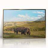 Large art print of North Dakota scenery in mid-century modernist style, acrylic on framed gold canvas.