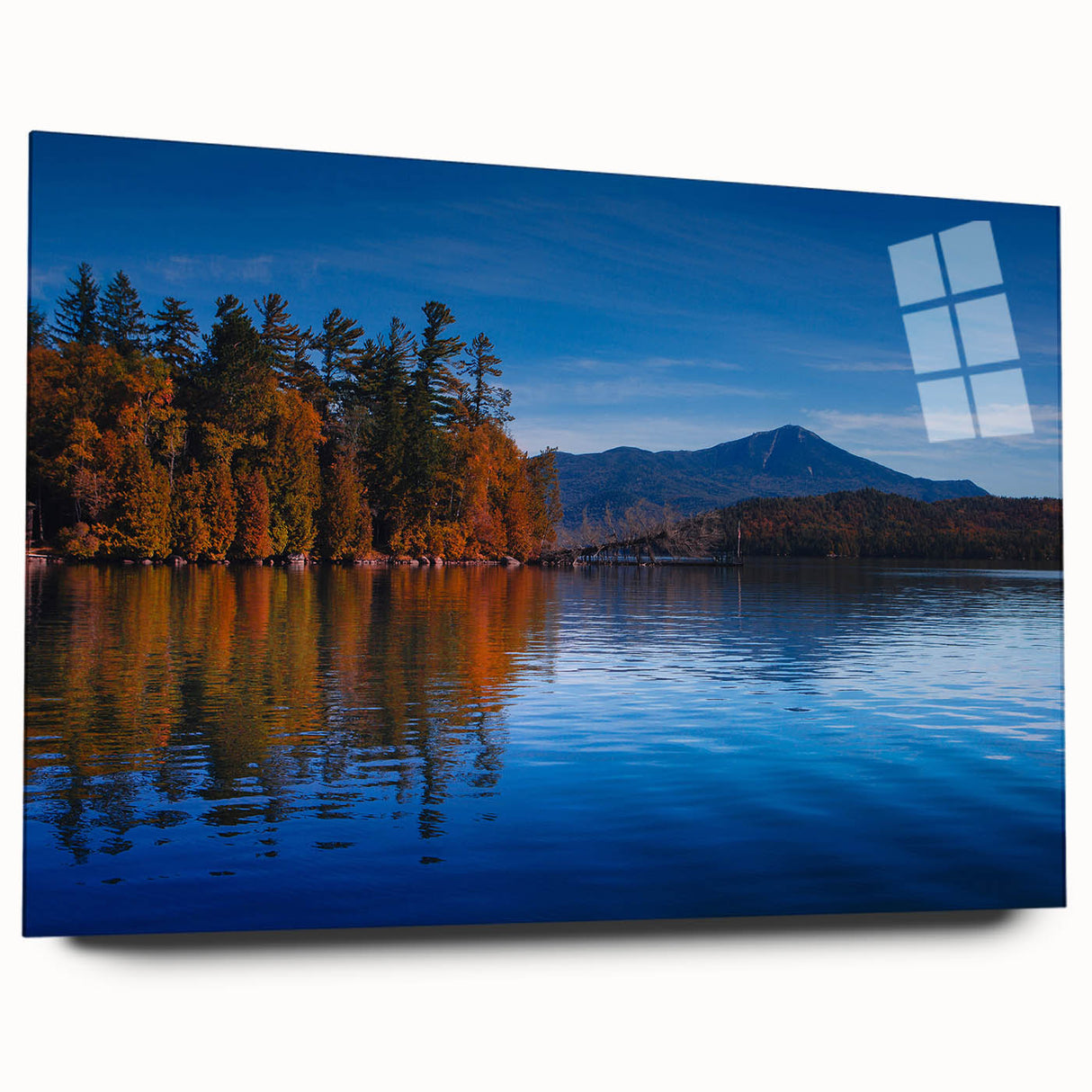 Acrylic print of a serene Adirondacks landscape in muted green and blue tones, ideal for bedroom or dining room art.