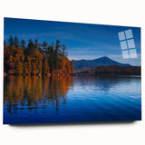 Acrylic print of a serene Adirondacks landscape in muted green and blue tones, ideal for bedroom or dining room art.