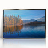 Mid-century modernist art of Adirondack scenery in earth tones on a silver-framed acrylic, ideal for nursery wall art.