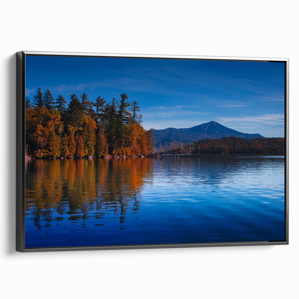 Black and white landscape art painting of the Adirondacks on a framed canvas, suitable for bedroom decor.