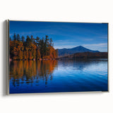 Framed canvas depicting a vintage-style landscape of the Adirondacks in muted colors.