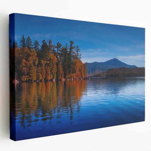 Large art depicting the Adirondack scenery in muted green and blue tones on stretched canvas, suitable for kitchen wall art.
