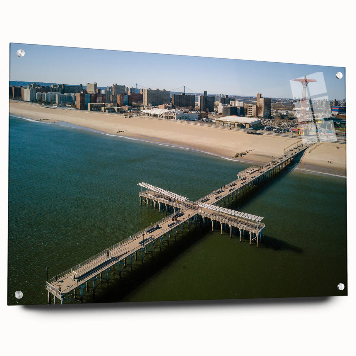 Acrylic print of Coney Island with vivid blue and teal hues, suitable for bedroom or dining room wall art.