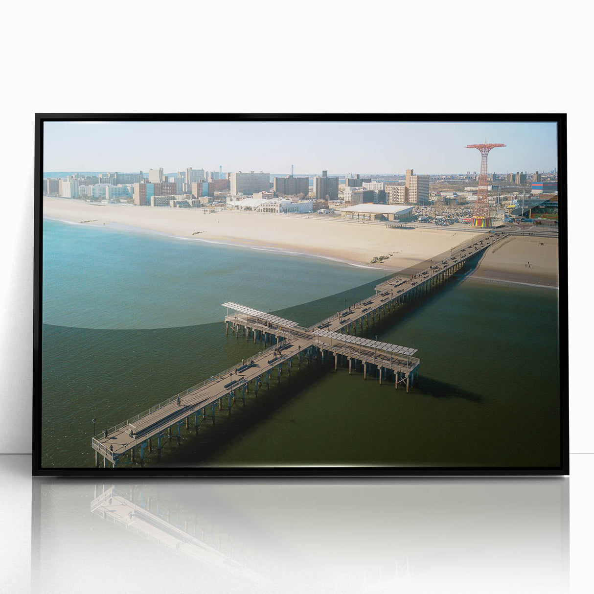 Large abstract wall art depicting Coney Island in muted gray and blue tones, framed in black acrylic.