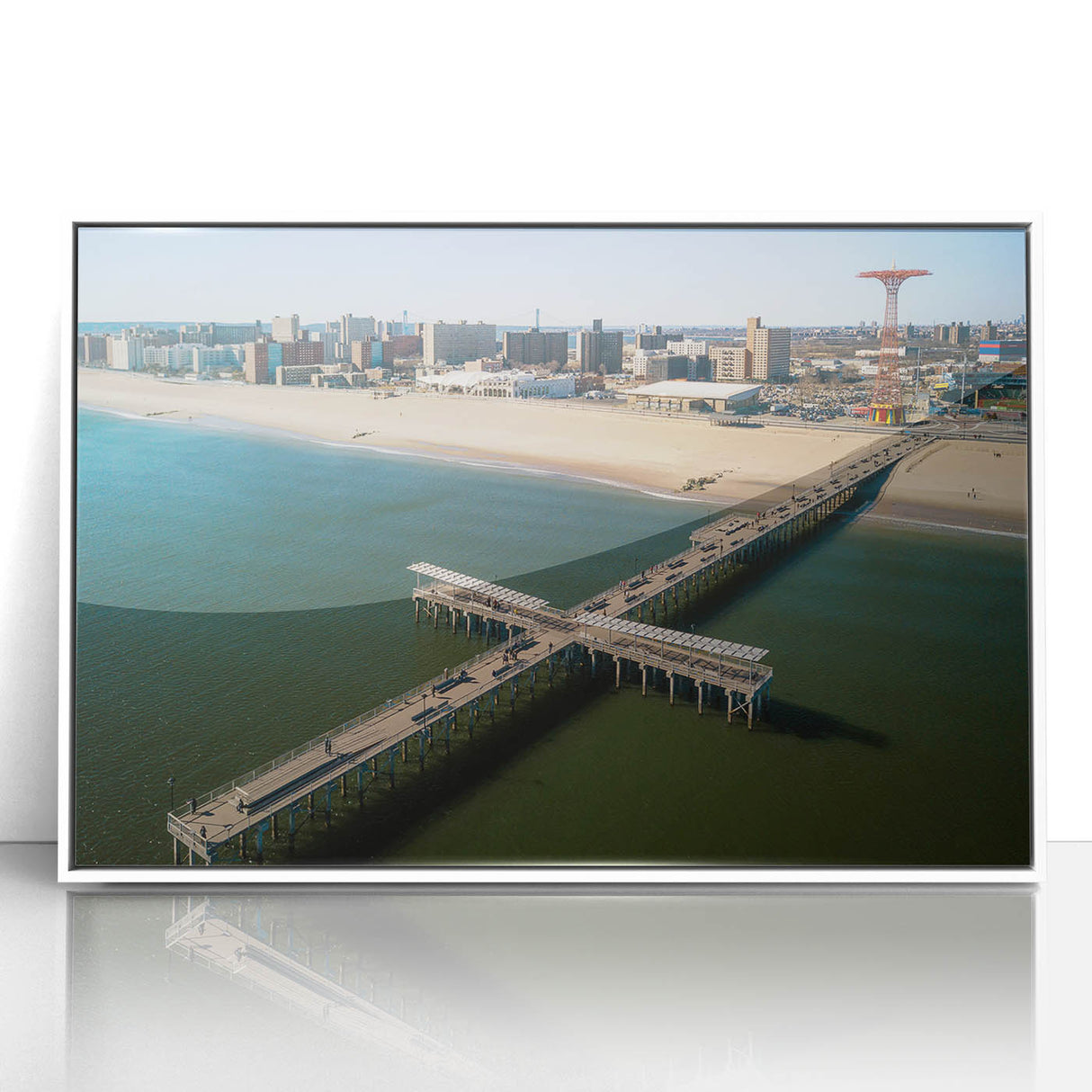 Mid-century modernist art of Coney Island in muted blue tones on a framed acrylic, ideal for nursery wall art.