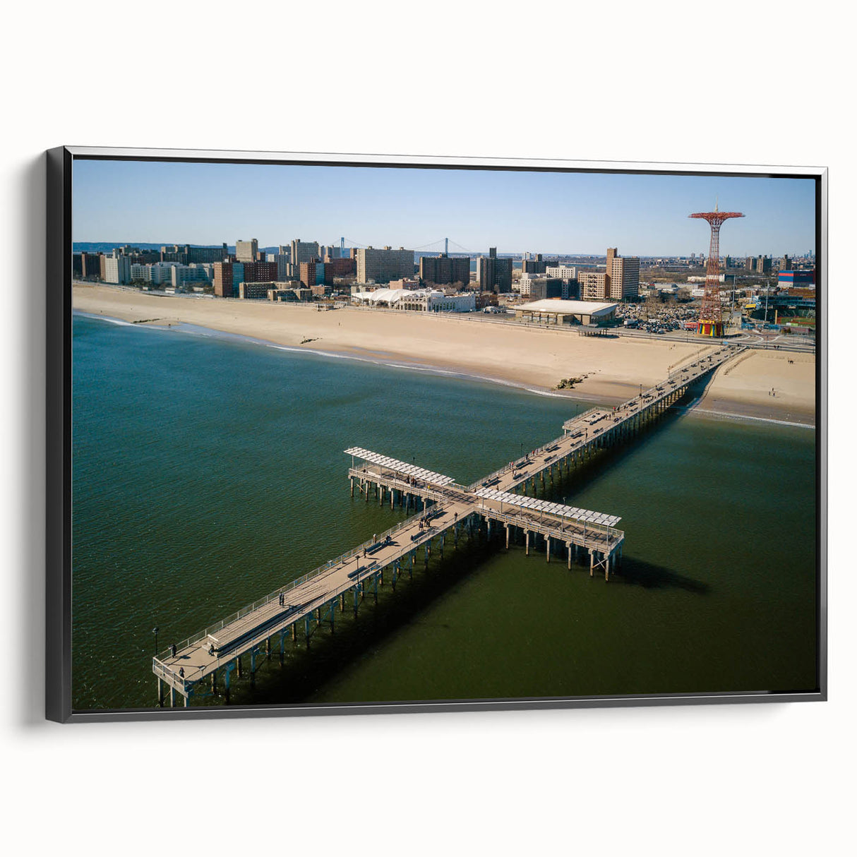 Black and white framed canvas of Coney Island landscape, in vintage poster style, suitable for bedroom decor.