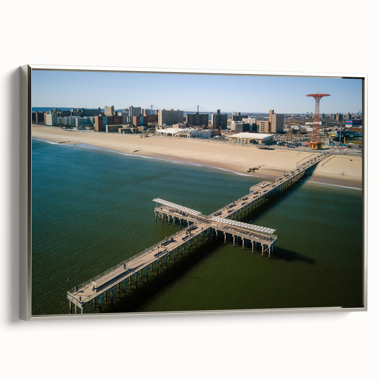 Landscape art painting of Coney Island on framed canvas.